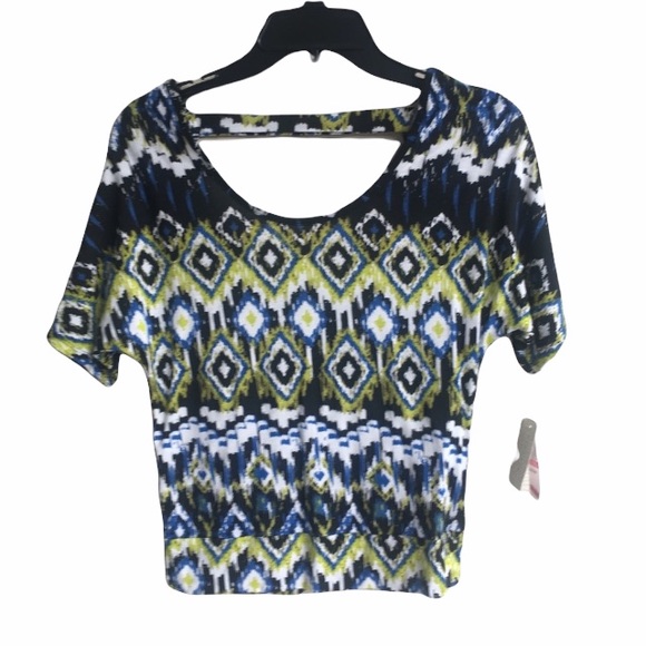 NWT Junior Abbreviated Cropped Top Tribal Print XS Blue Green Sexy Back - Picture 1 of 3